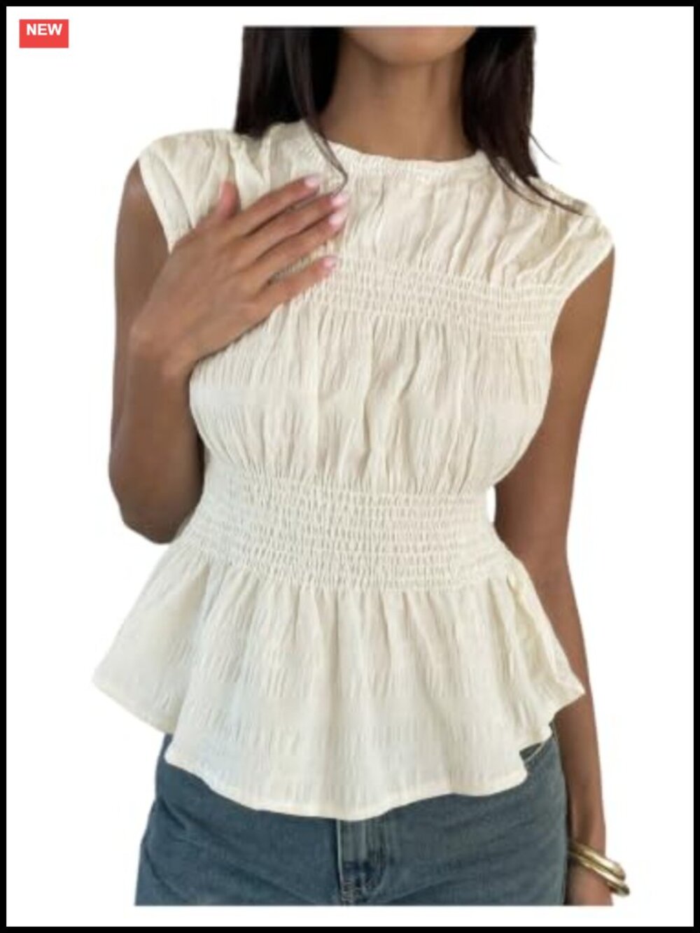 Sleeveless Peplum Babydoll Blouse Shirred Smocked Summer Top